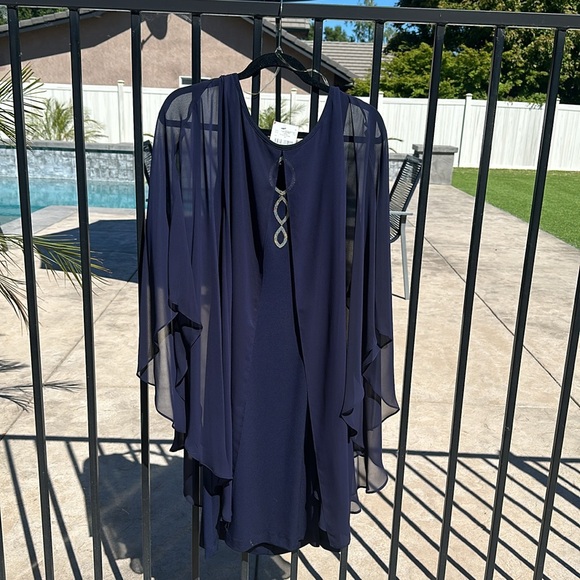 Navy blue mid length formal gown with sheer cape, draping around front and back - Picture 7 of 9